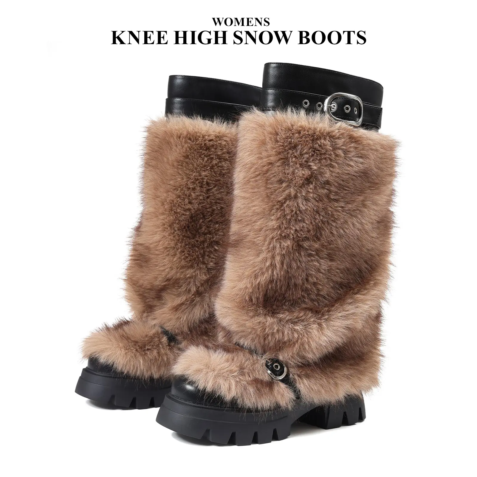 CYNLLIO Womens Knee High Snow Boots Faux Fur Fluffy Chunky Block Heels Rounded Toe Fashionable Adjustable Belted Buckle Strap Comfy Working Outing Concert Party Festival Comfy Summer Platform Boot