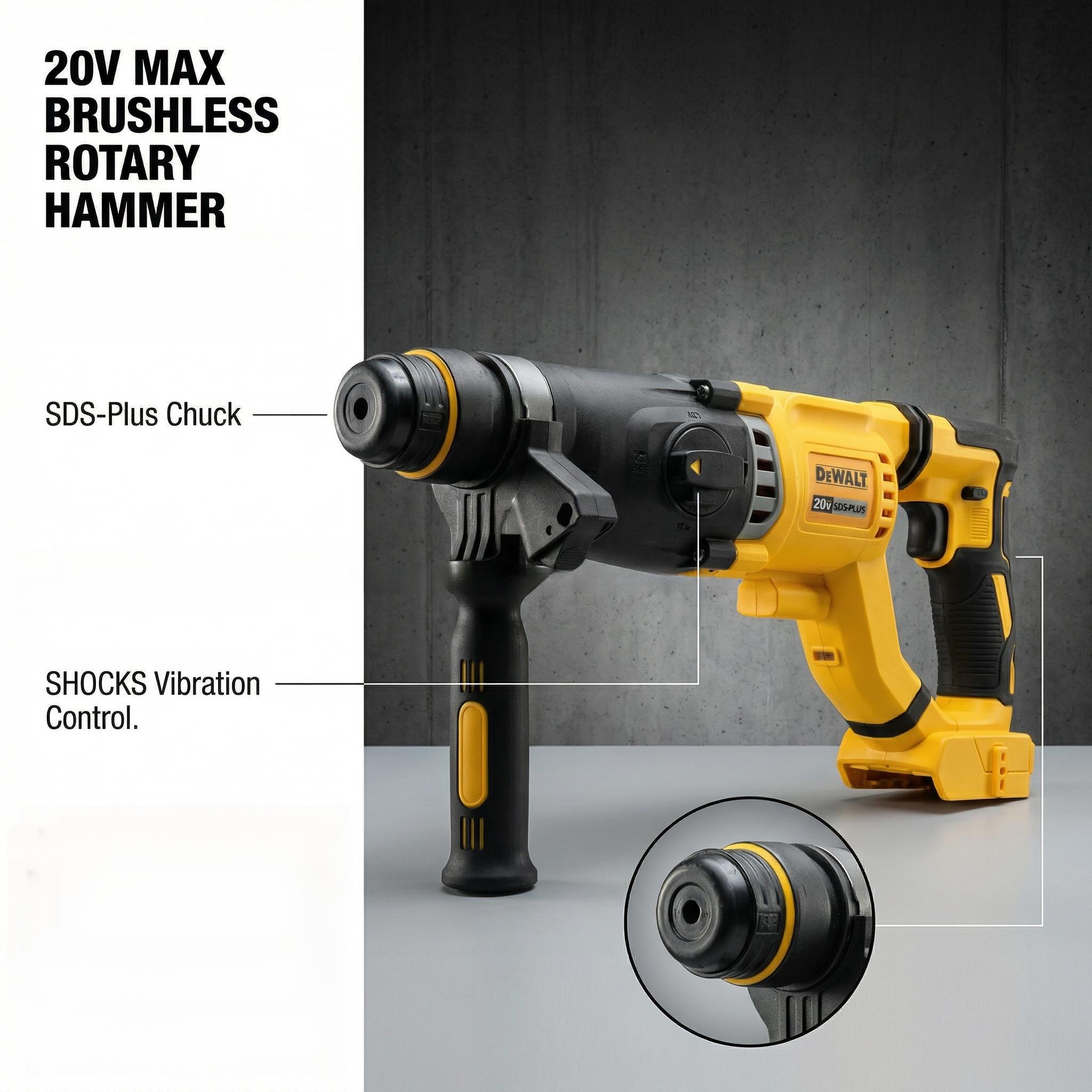 DEWALT DCH263 20V MAX XR Brushless 1-1/8-Inch SDS-Plus Rotary Hammer Drill Featuring SHOCKS Active Vibration Control 3-Mode Functionality for Concrete Masonry Steel and Wood Projects with 3.0-Joule Impact Energy and LED Work Light