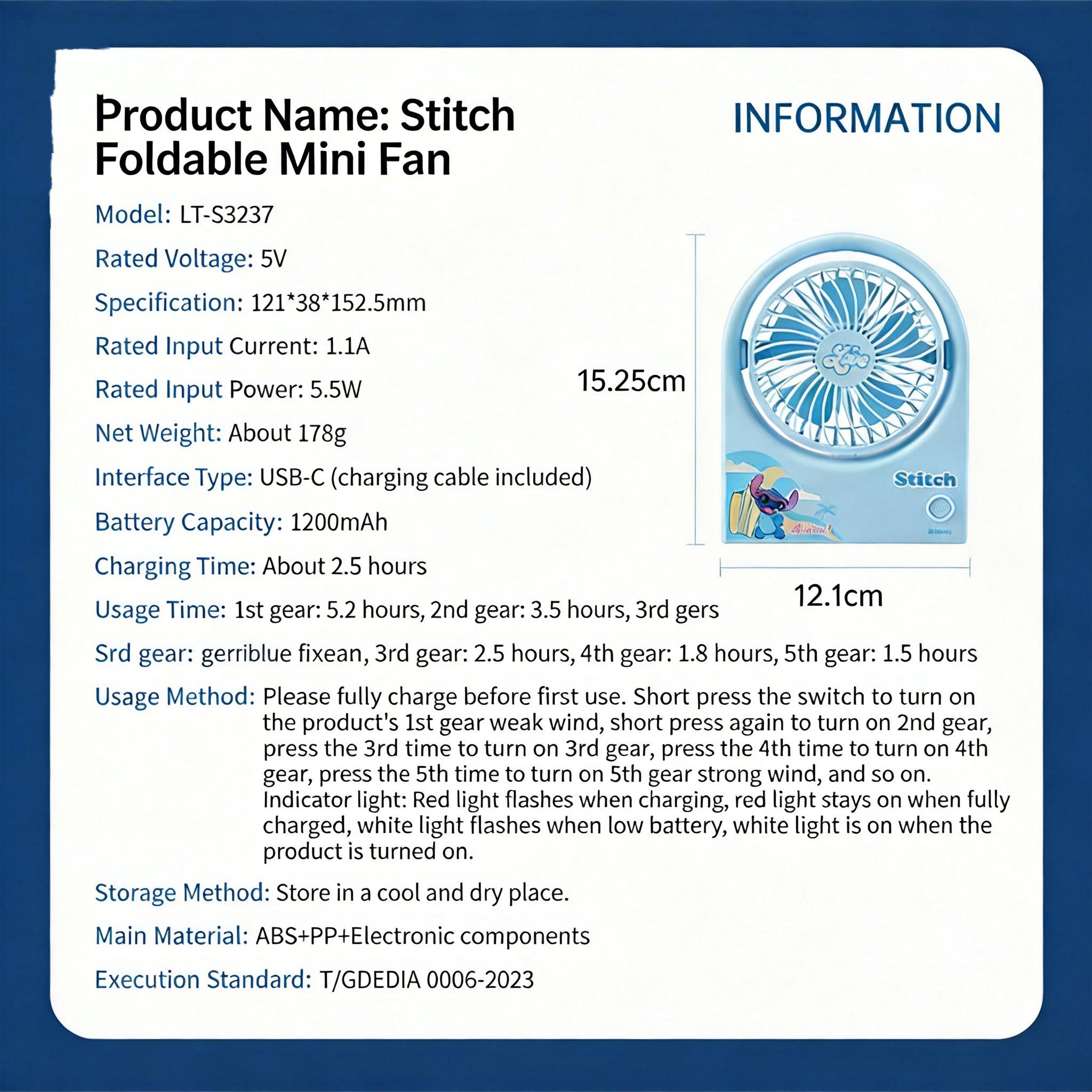 Disney Stitch Foldable Mini Fan | Quiet Portable USB Fan for Office & Student Dorm ,OfficeGadget ,CuteFan ,DormEssentials