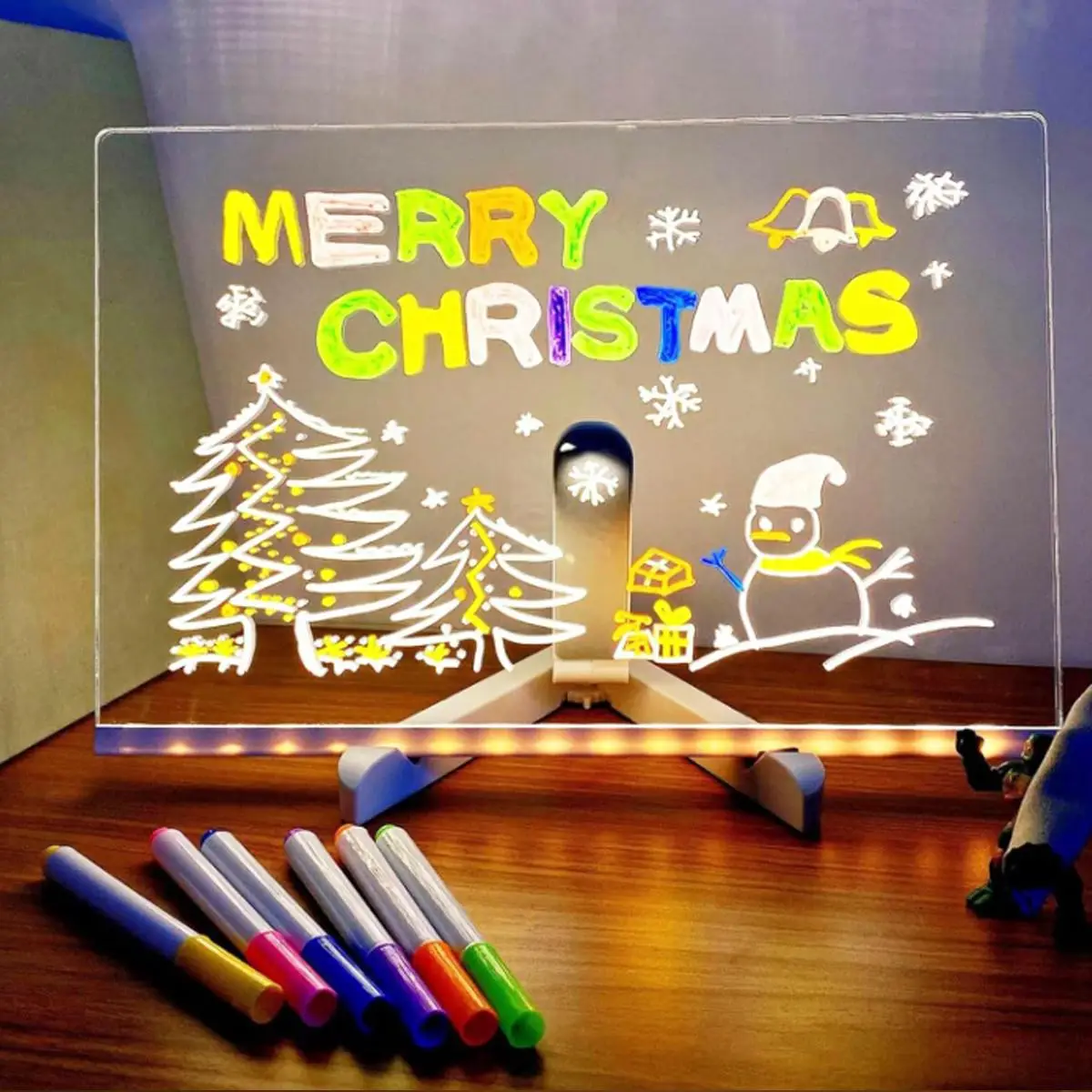 Luminous Drawing Board, 1 Count DIY Acrylic Luminous Message Board with Holder*1 & Color Pen*7 & Wipes*2, USB Powered Desktop Light Board for Home, Sc
