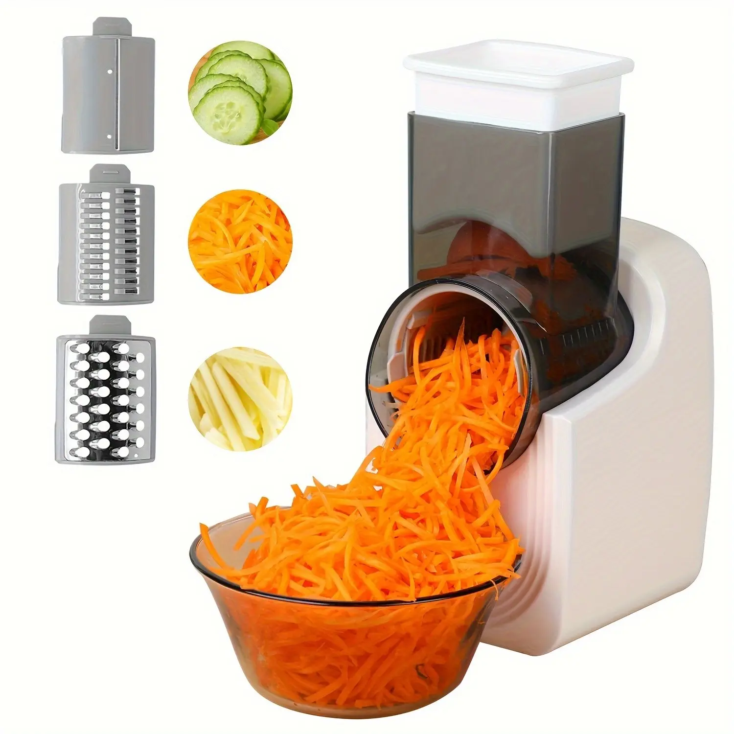 Electric Cheese Grater, Electric Slicer Shredder, Electric Vegetable Slicer Salad Maker, Fruit Cutter, Food Processor Spiralizer for Fruits Veggies with Multi Cone Blades, Stainless Steel, White