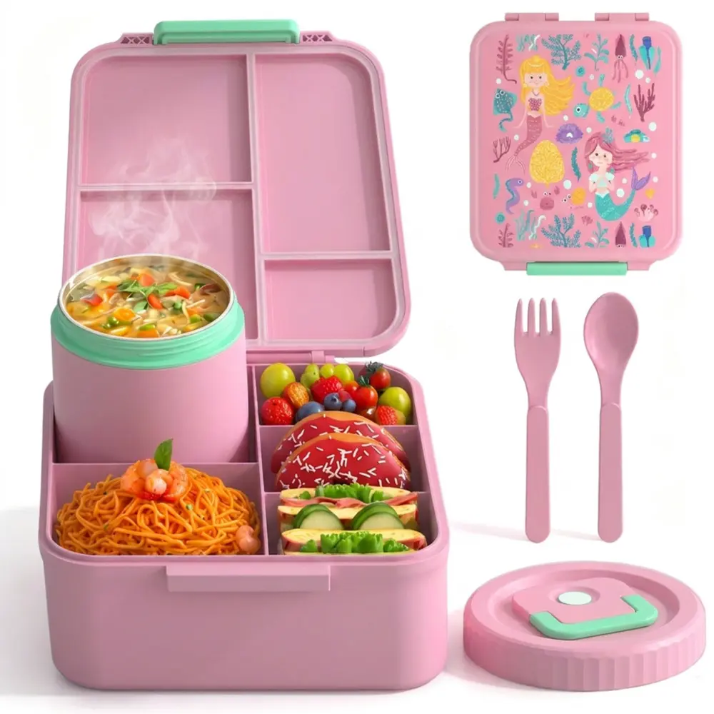 Bento Lunch Box For Kids 4-Compartment Leakproof Food Container with Insulated Soup Thermos & Spoon, BPA-Free PP Microwave Safe Ages 3-10 School Kindergarten
