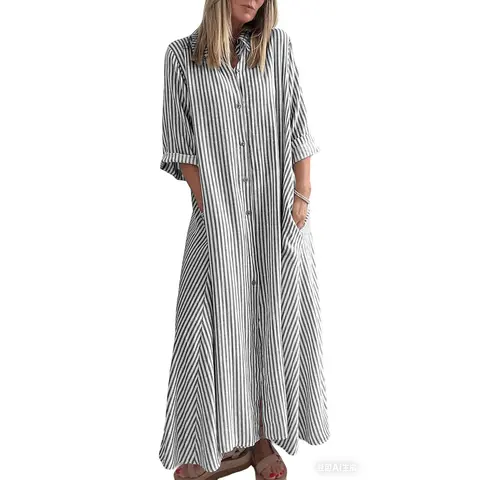 Chouyatou Women's Summer Long Shirt Dress Bohemian Style Striped Dress Casual Button-Down Three-Quarter Sleeve Maxi Dress with Pockets