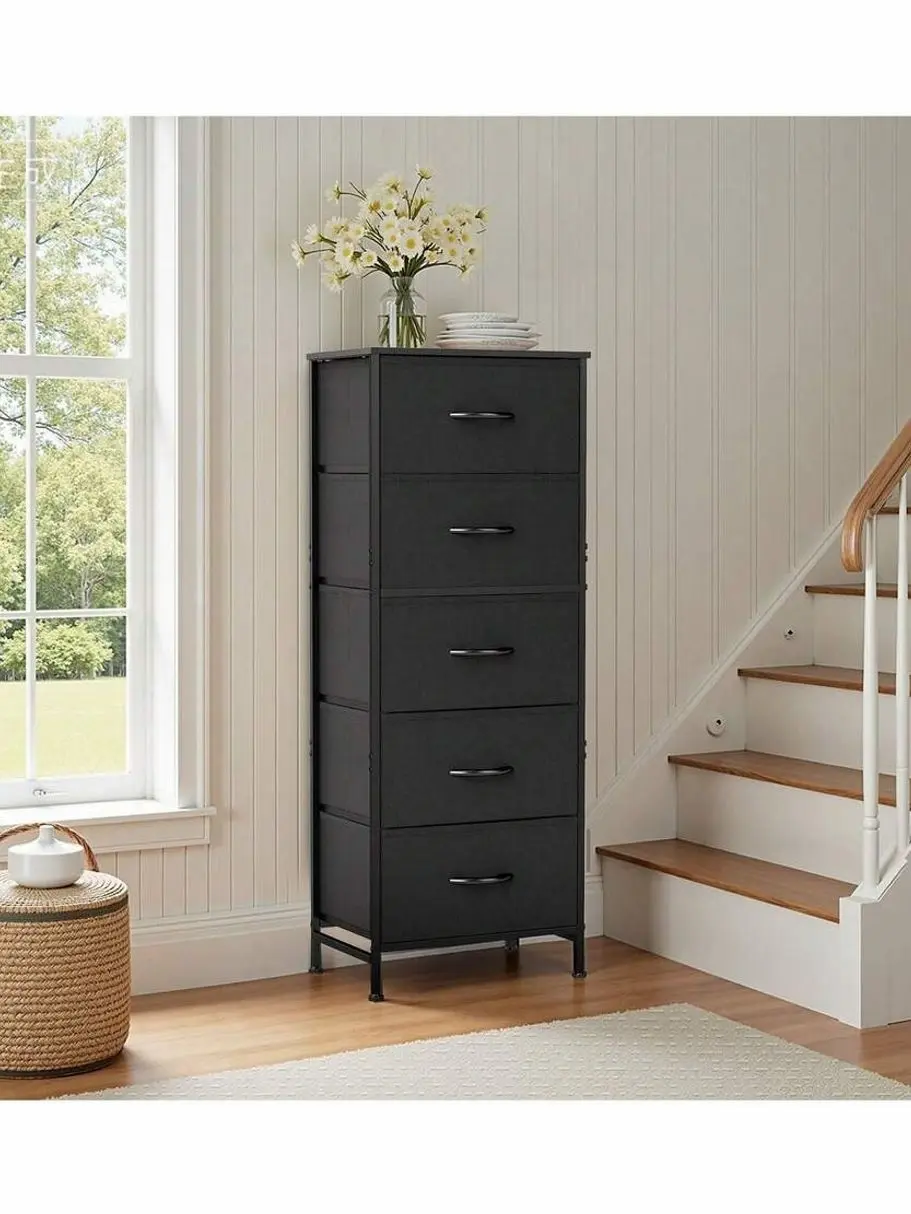 Sweetcrispy 5 Drawer Dresser With Fabric Bins, Sturdy Steel Frame And Wood Top, Storage Organizer Chest For Bedroom, Closet, Hallway, Rust