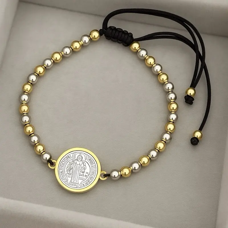 St. Benedict Protection Bracelet 18K Gold Plated Beads Spiritual Faith Jewelry for Men & Women with Black Cord
