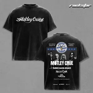 Rockin Thunder Festival Washed T-Shirt Motley Crue, Vintage Band Collage Graphic Tee with Three Days Grace and Halestorm, Oversized Black Streetwear Shirt