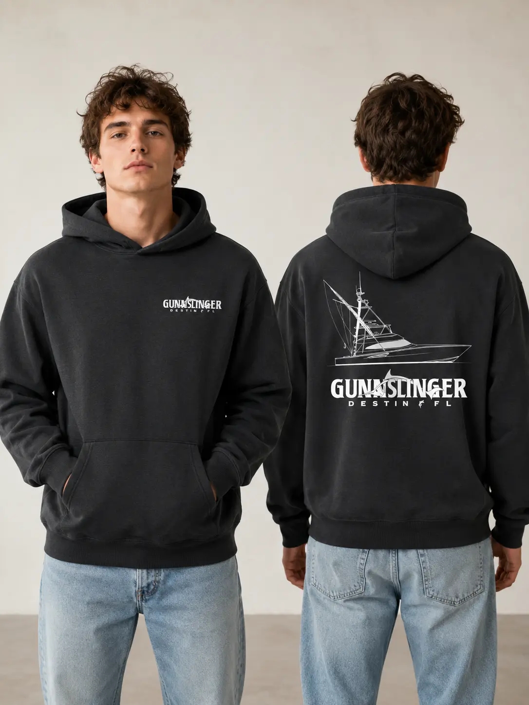 Gunnslinger Destin Fishing Boat Black Men's Hoodie – Deep Sea Fishing Graphic Pullover