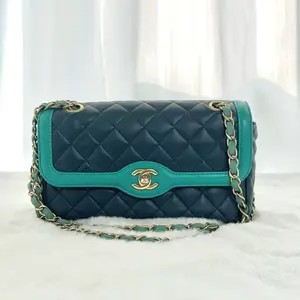 Pre-owned CHANEL Medium Navy Turquoise Two Tone Lambskin Single Flap Bag WWL