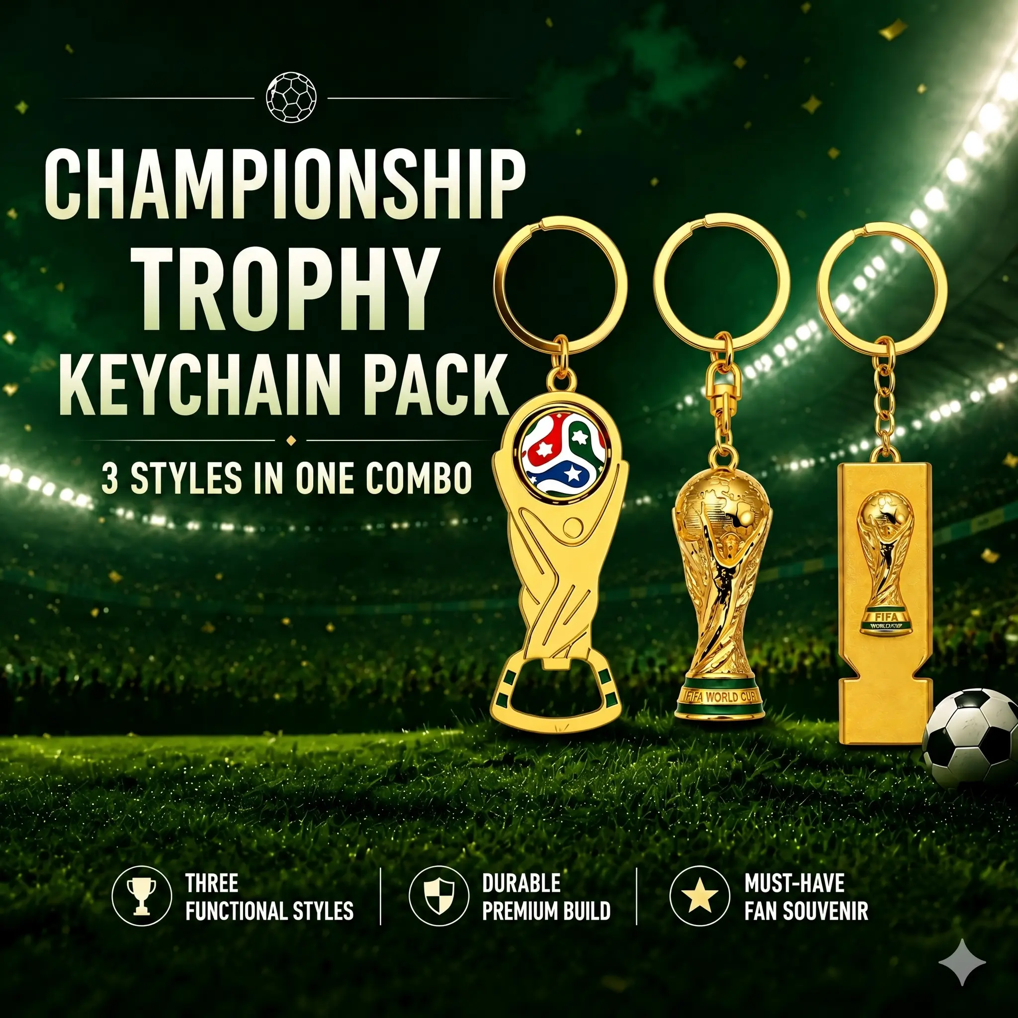 3-In-1 Soccer Trophy & Football Keychain Set – Premium Metal Key Ring Accessories, Sports Fan Collectible replica