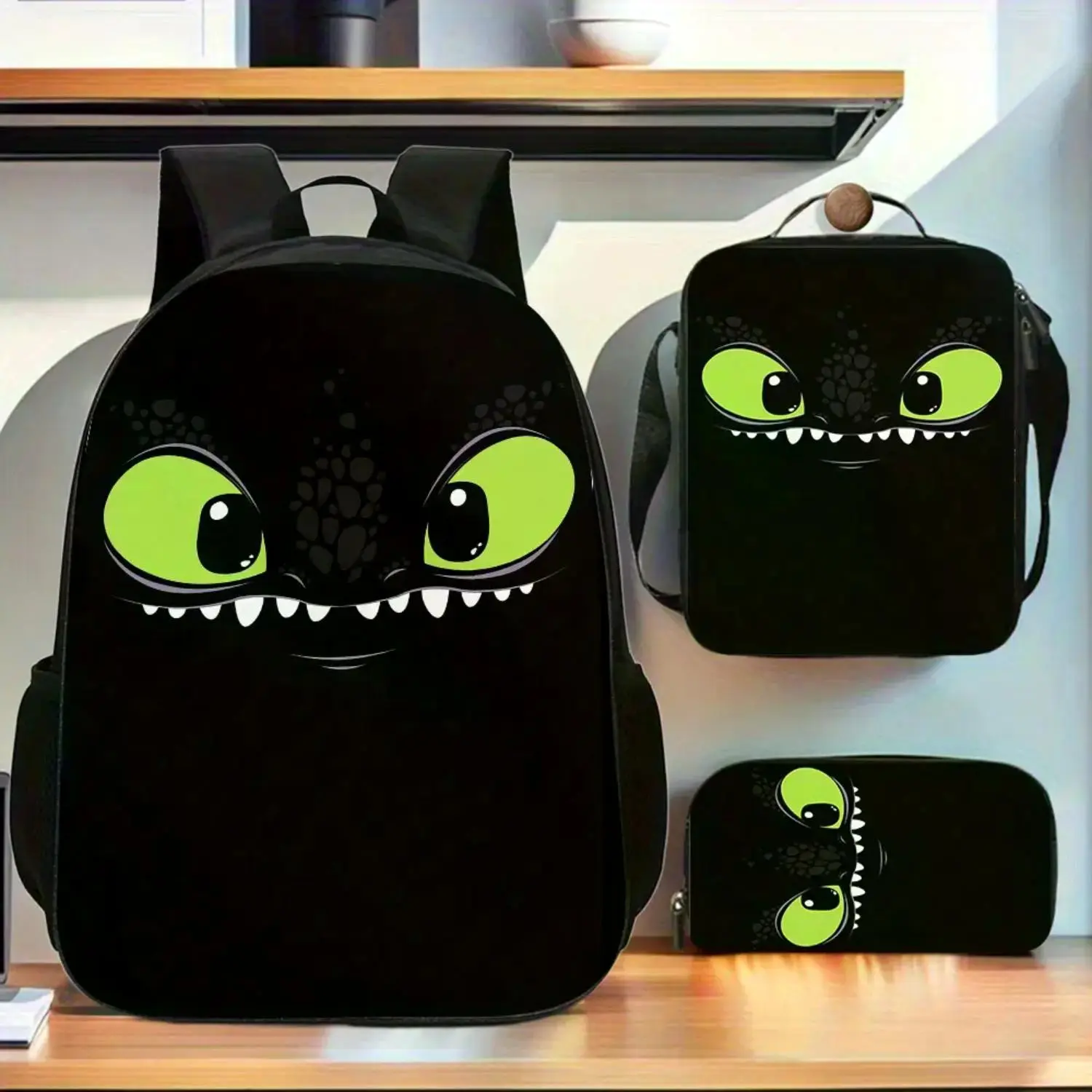 Toothless Night Fury 3-Piece Backpack Set with Lunch Bag & Pencil Case, Oxford Cloth School Daypack with Adjustable Straps for Kids and Movie Fans