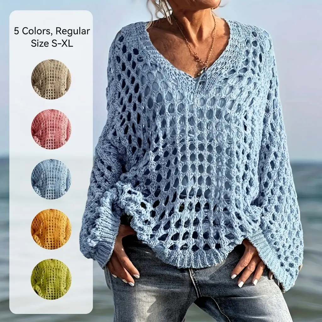 Women's Casual Everyday Loose-Fit V Neck Top, Lightweight, Hollow Out Design, Polyester Knit Fabric, Hand Washable, All Season Wear, Knitwear, Summer