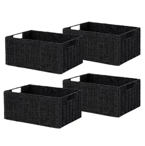 Garvee 4 Pack Foldable Woven Storage Baskets with Handles, 12.2 × 7.1 × 5.9 Inch Storage Bins for Organizing Shelves, Bathroom, Bedroom, Laundry, and Pantry