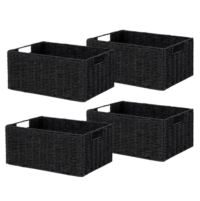 Garvee 4 Pack Foldable Woven Storage Baskets with Handles, 12.2 × 7.1 × 5.9 Inch Storage Bins for Organizing Shelves, Bathroom, Bedroom, Laundry, and Pantry