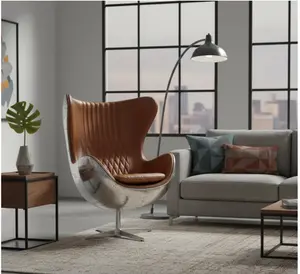 Cruz Modern Egg Chair - Brown Leather and Metal Spitfire Shell