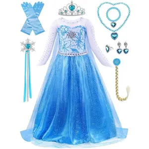 Blue Princess Costumes for Little Girls Dress Up Birthday Party with Accessories