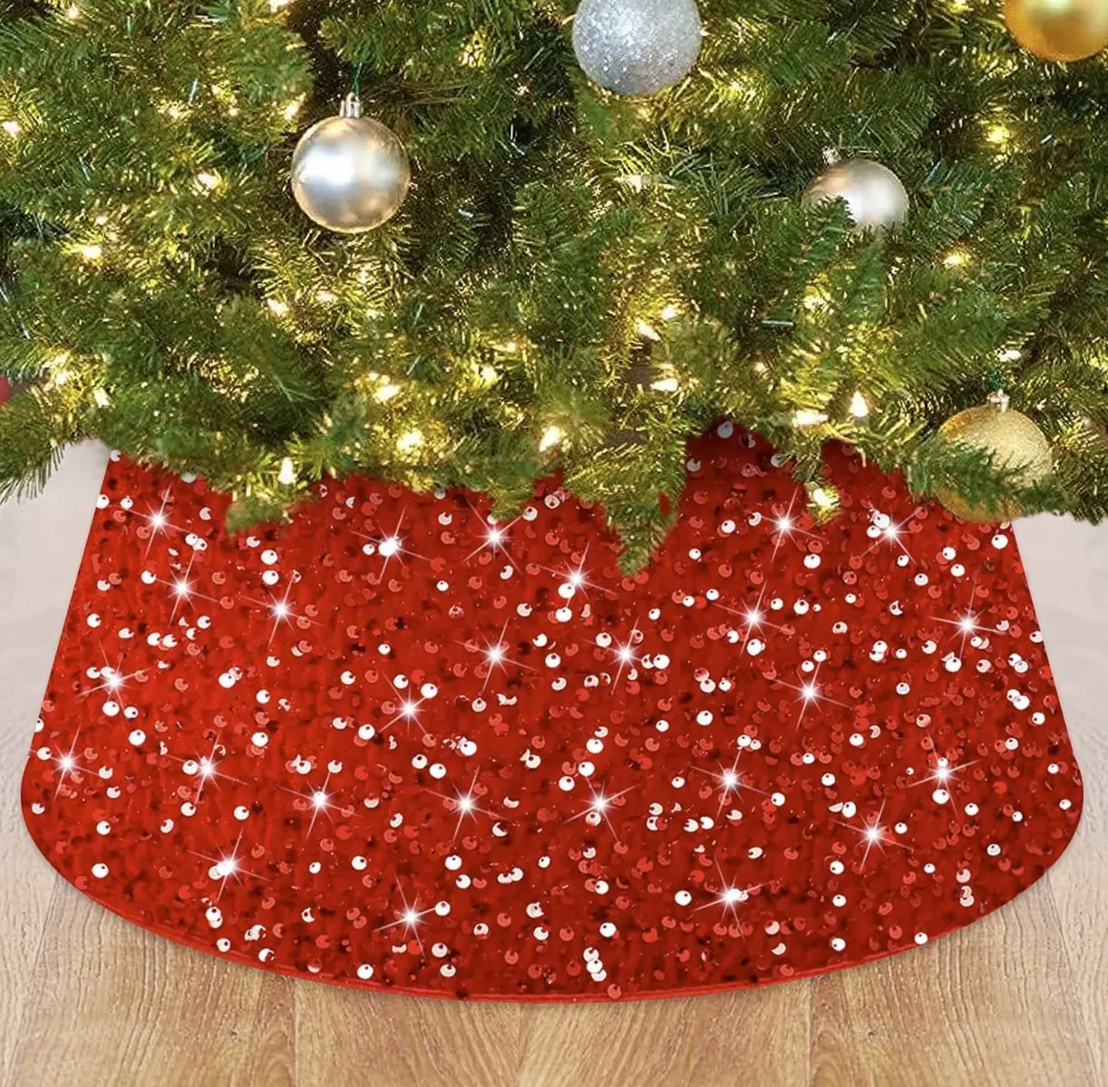 Red Christmas Tree Collar 24 Inches Sequin Tree Skirt Velvet Xmas Tree Ring Christmas Tree Collars for Artificial Trees Sparkle Glitter Tree Stand Cover for Winter Holiday Tree Decorations