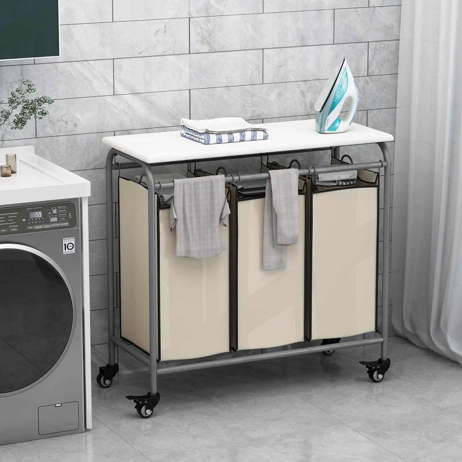 3 Bag Laundry Basket Sorter Heavy Duty Rolling Lockable Wheels Laundry Hamper Cart with Ironing Board and Removable Bags Organiser