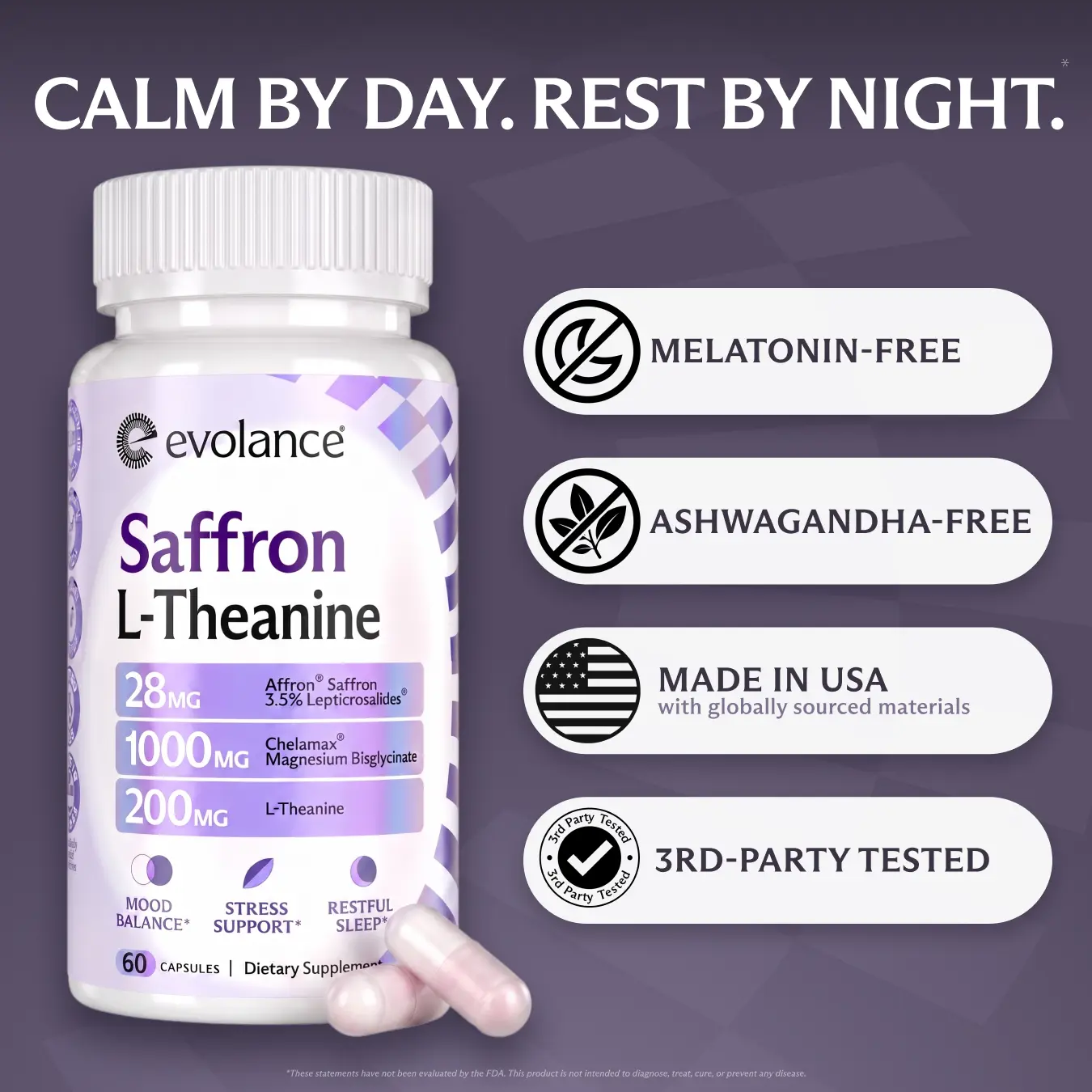Evolance Calm+Rest — Melatonin-Free Sleep & Calm Support: Magnesium Bisglycinate, Saffron & L-Theanine, 60 Veg Capsules Edible Supplements All Natural Supplement