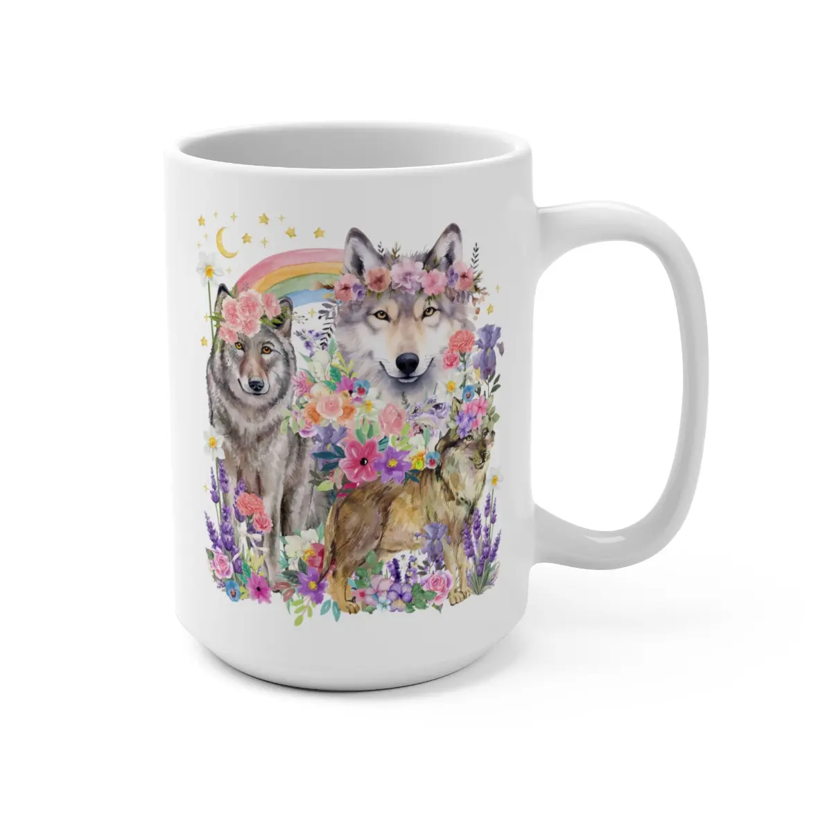 Goblincore Wolf Coffee Mug, Friend Who Loves Wolves and Flowers: Funny Watercolor Wolves, Colorful Forestcore 90s Throwback, Silly Unhinged