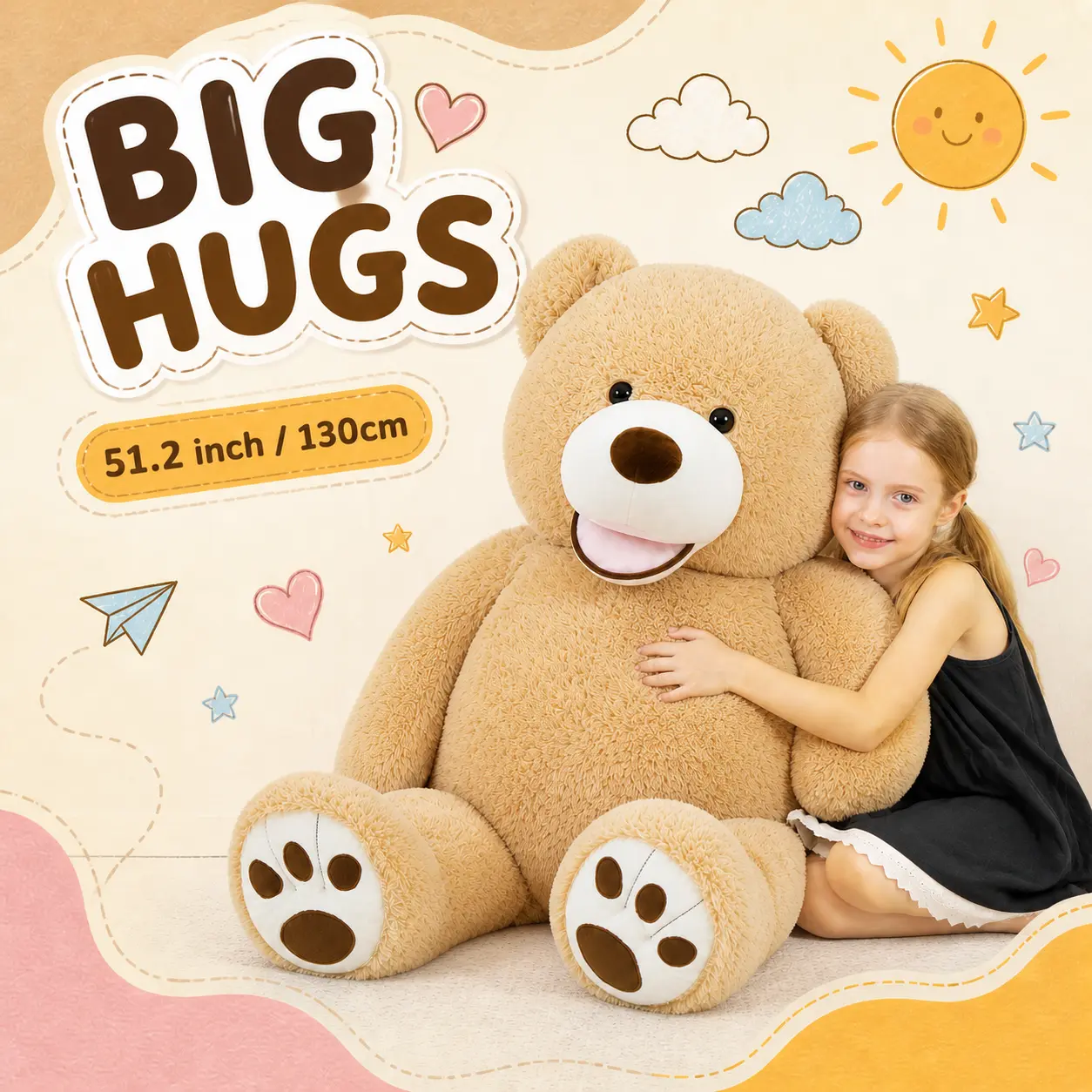 [Big hugs] Tezituro 51.2'' (130cm) Giant Light Brown Stuffed Teddy Bear Gift for Girlfriend, Kids, Christmas & Valentine's Day
