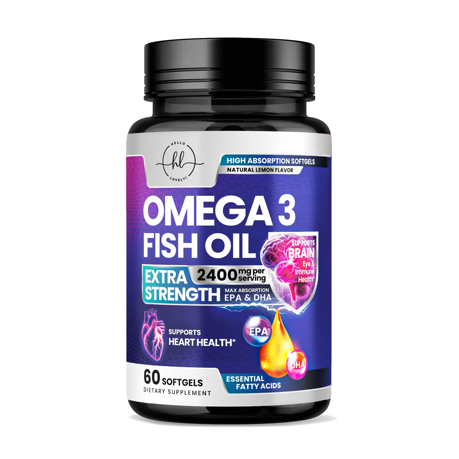 Omega 3 Fish Oil Supplements 2400mg - Triple Strength Omega 3 Fatty Acids, Natural Heart Health Brain & Joint Support - Fatty Acids with EPA & DHA - Wild Caught Fish Oil Supplement - 60 Softgels Healthcare Fitness