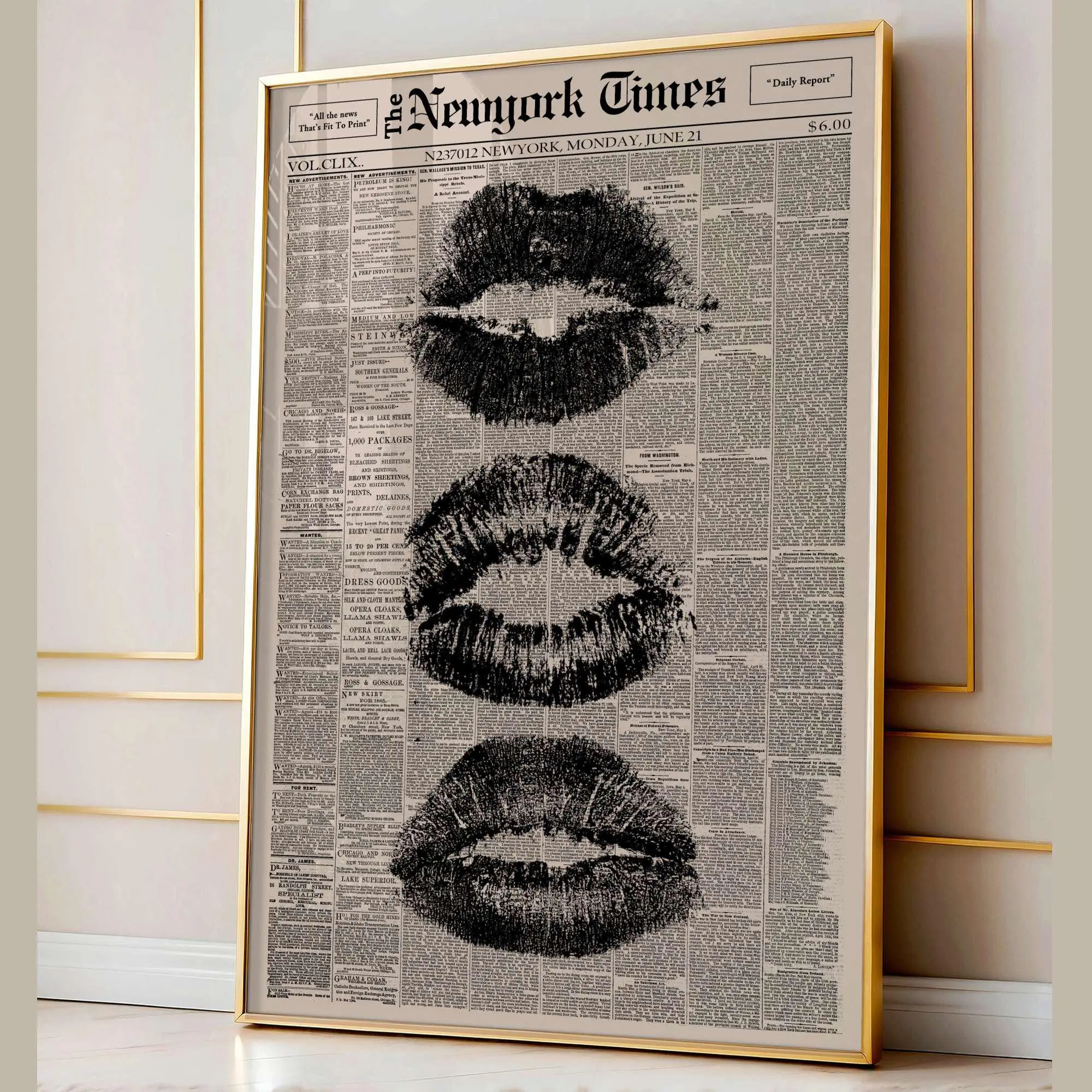 [Unframe] [Free ship] Trendy Black Kiss Lips Newspaper Poster, Vintage Black And White Wall Art, Retro Aesthetic Print, Girly Wall Decor