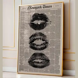 [Unframe] [Free ship] Trendy Black Kiss Lips Newspaper Poster, Vintage Black And White Wall Art, Retro Aesthetic Print, Girly Wall Decor