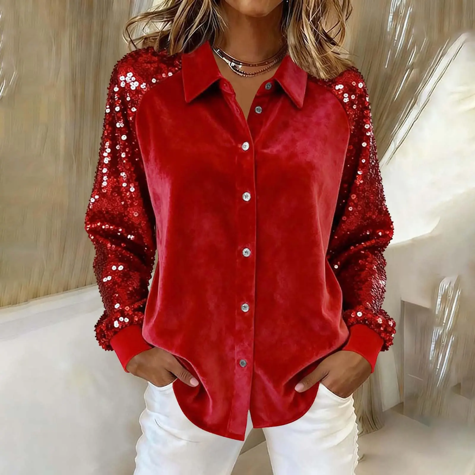Women's Sequins Blouse - Comfortable Polyester Fabric Garment, Long Sleeve, Turn-Down Collar, Button Front, Solid Base, Regular Length, Casual Holiday Clubwear Tops
