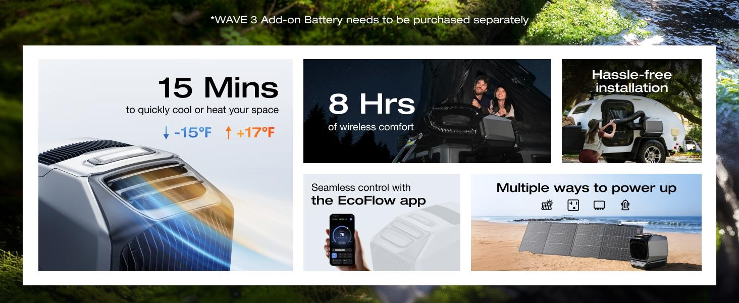 EF ECOFLOW WAVE 3 Portable Air Conditioner, 1800W/6100 BTU Cooling and 2000W/6800 BTU Heating, 1000W Fast Charging in 75 mins, 8H Wireless Running, APP Control, for camping, RVs