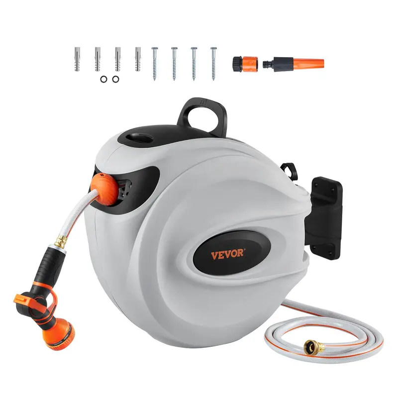 【Livestream】VEVOR Wall-Mounted Retractable Hose Reel (65FT/84FT/100FT/115FT/130FT Max) - 9-Pattern Nozzle, 180° Swivel Bracket, Automatic Rewind, Lockable, Slow Return - Extendable Flexible Hose, Adjustable Watering, Garden Irrigation, Camping Essentials,