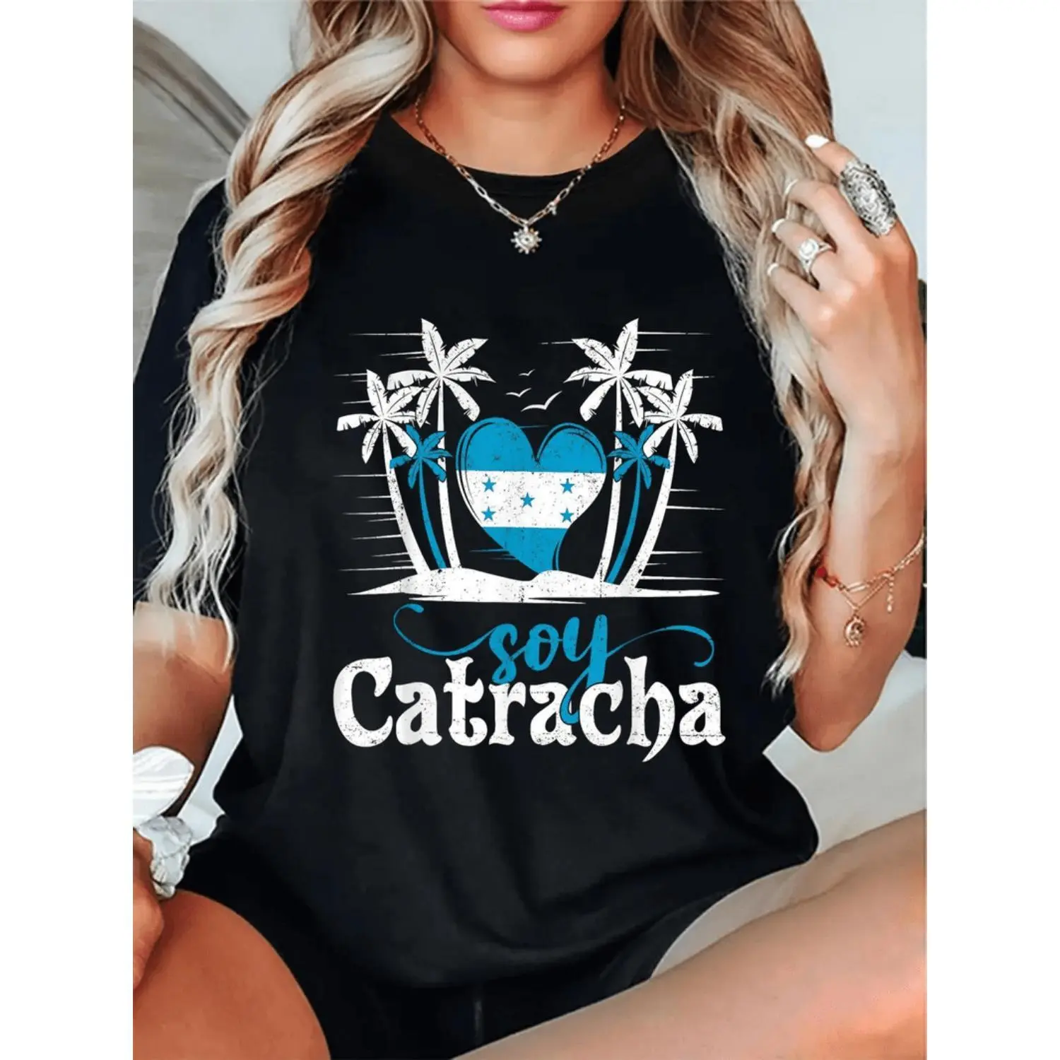 Honduras Flag Graphic T shirt for Women Casual Short Sleeve Round Neck Black Knit with Palm Tree Heart Design Ideal Gift