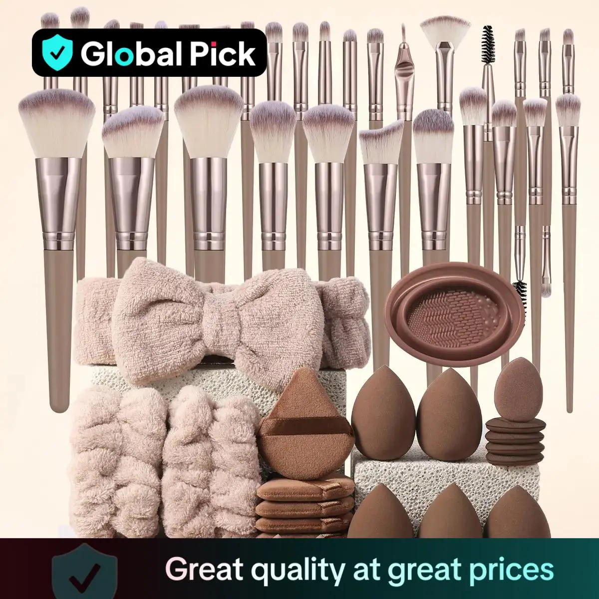 Global Pick Makeup Tool Set, 54pcs/set Makeup Brush & Sponge & Finger Powder Puff & Triangle Powder Puff & Brush Cleaning Bowl & Wristband & Hair Band