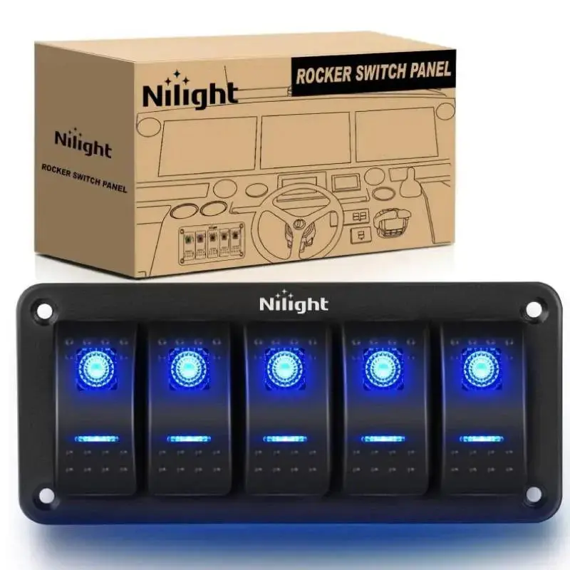 Nilight 5-Gang Aluminum 5-Pin Blue ON/OFF Rocker Switch Panel - 12V-24V Vehicles, 6in x 2.7in x 2.6in ABS, Ambient Lighting Car, 132pcs DIY Stickers (2 Sets), 1x Screw Sets, Electrical Equipment Switches & Accessories, Easy Disconnection