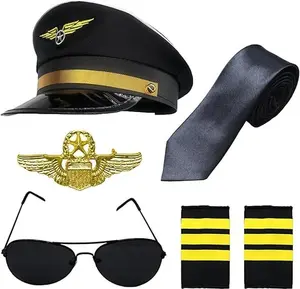 6PCS Airline Pilot Captain Costume Kit Pilot Dress up Accessory Set Halloween Dress Up Accessories Set