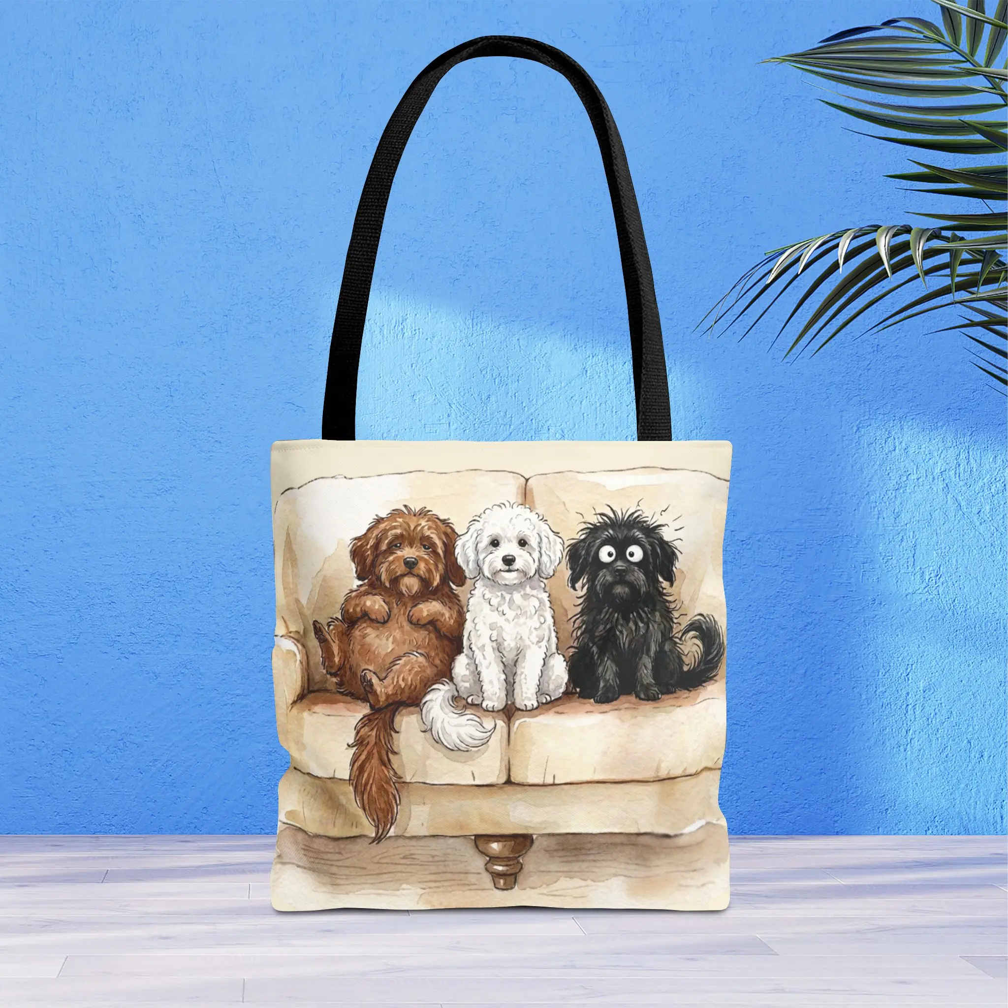 Cute Three Fluffy Dogs Couch Illustration Tote Bag - Aesthetic Canvas Shoulder Bag with Multi-Color Handles for Dog Lovers & Travel - 3 Sizes