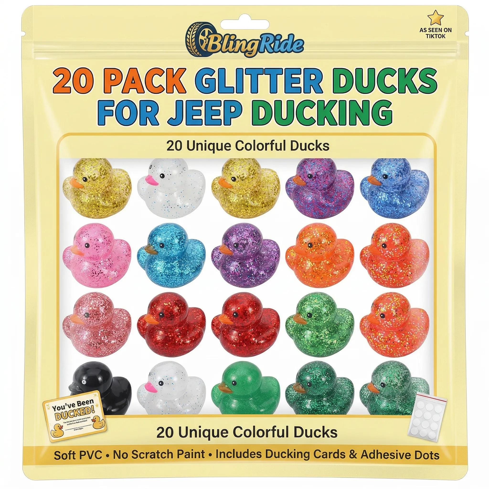 BlingRide 20 PACK Glitter Rubber Ducks for Jeep Ducking, 6.5cm Soft PVC No Scratch, Includes Ducking Cards & Adhesive Dots, Jeep Accessories for Wrangler/Gladiator, TikTok Hot