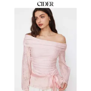 Cider Lace Off-shoulder Floral Knotted Ruched Long Sleeve Top