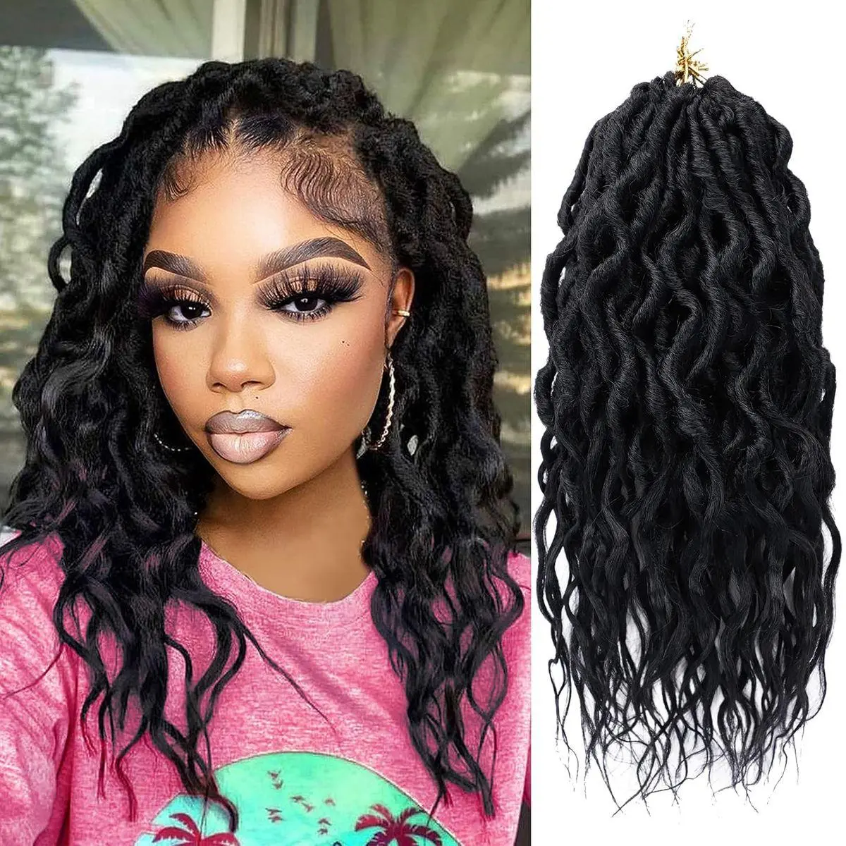 Faux Locs Crochet Hair 12 Inch, 6 Packs Goddess Locs Crochet Hair for Women, Soft Locs Pre Looped Crochet Braids with Wavy Curly Ends Queen Locs Synthetic Braids Extensions (#1B)