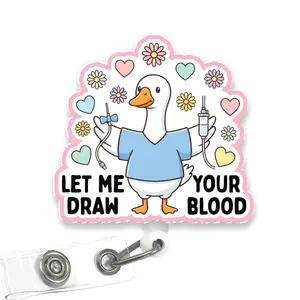 Retractable Phlebotomy Theme Acrylic ID Badge Reel, Rotating Clip, Glossy Finish, Funny Goose "Let Me Draw Your Blood" Holder, Gift for Lab Techs