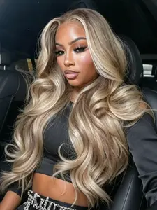 Brown Blonde Highlight Wavy Lace Front Wig 13x4 HD Transparent Lace Front Wig Water Wave Wig Free Part Pre-Plucked Natural Hairline Wavy Synthetic Wig for Women Everyday Wear 28 Inch