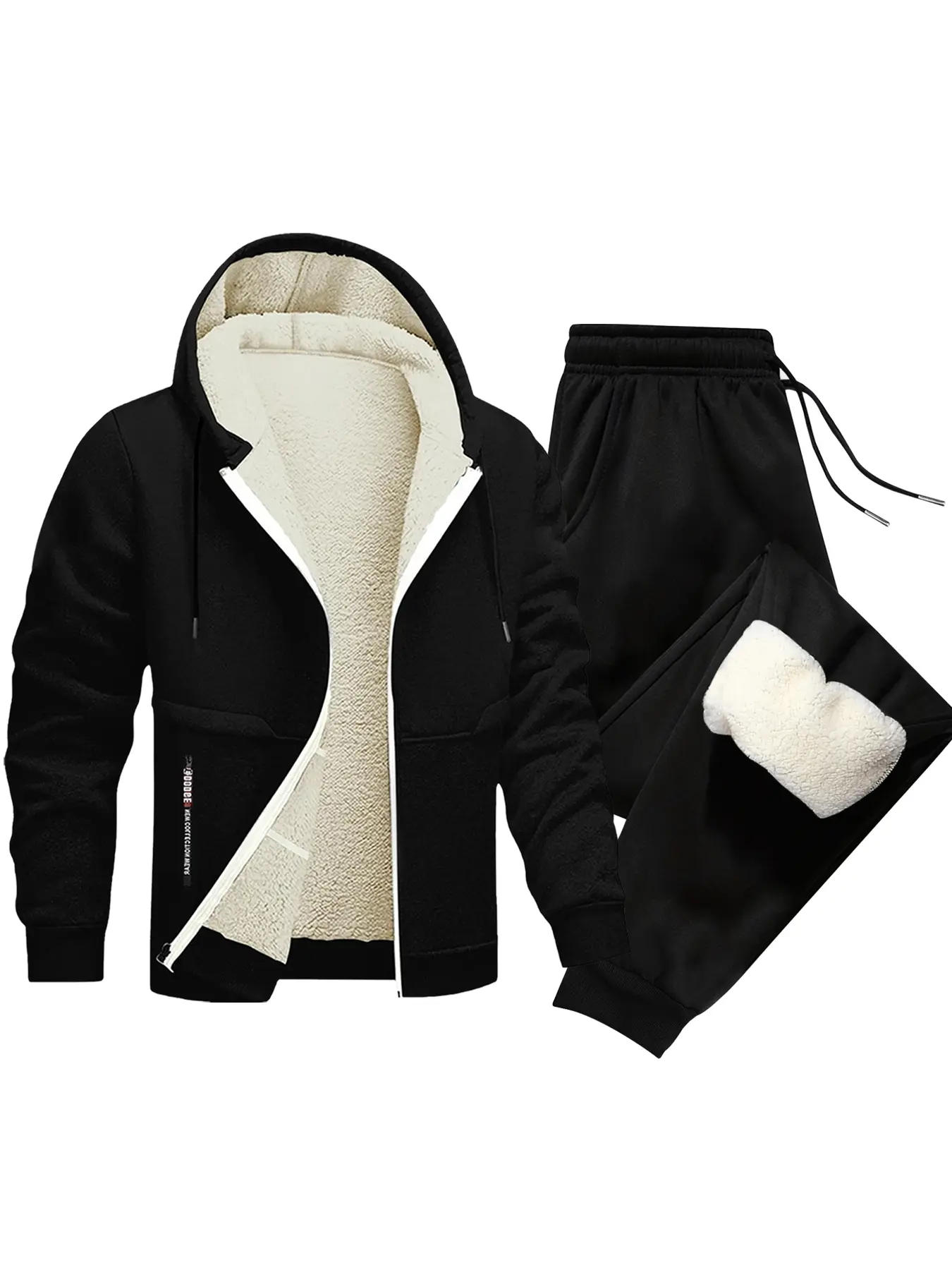 Men's Lamb Fleece Set, Pure Color Hooded Zipper Pocket Design, Soft Comfortable Lined Sweatshirt Jacket + Casual Versatile Fleece Pants, 2 Piece Set