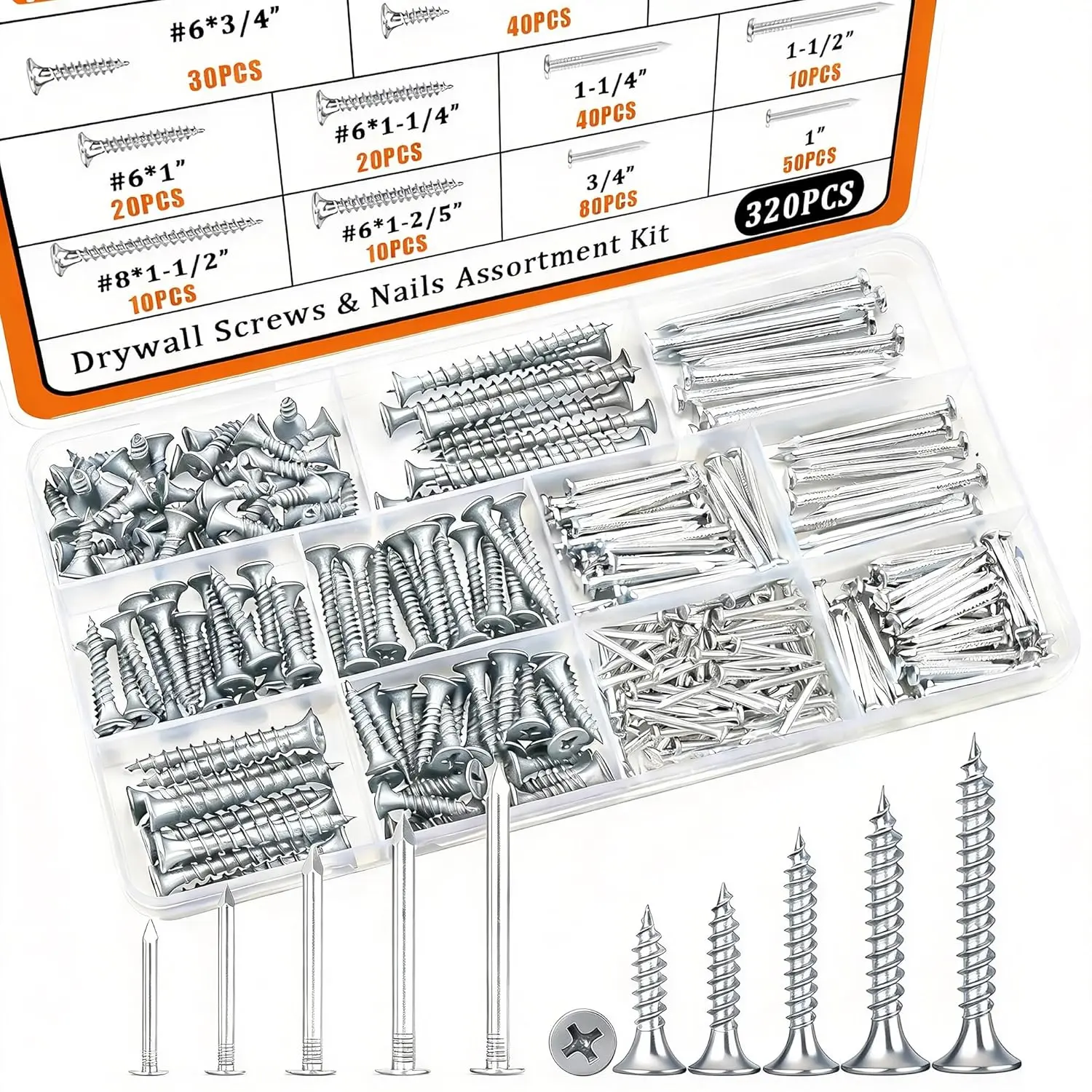 Nails &  Screws Assortment Kit, 320 count #6#8  Drywall Screws Set and High Hardness Hardware Small Nails for Picture /DIY Repair Project Length 1/2" to 2"