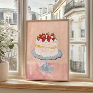 1pc framed Pink Frosting Wall Art - Two-Layer Cake Canvas Print with Strawberries, Elegant Dessert Decorative Artwork for Home, Office, or Dining Room, Modern Aesthetic Poster