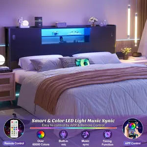 Headboard for King Size Bed with Storage, Sturdy Bookcase Headboards with Outlet, USB & LED Light, King Size Headboard Only, Head Board with Sliding Doors & Bed Bedroom unique  bedroom  furniture king  size  bed  frame leather upholstered headboar