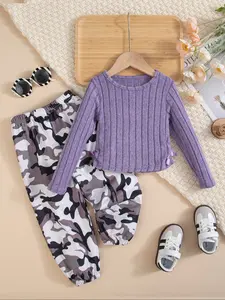 Girls' Fashion Knit Pullover Sweater Set, High Elasticity Round Neck Top + Camo Wide Leg Pants, Sweet Style for Ages 3-10 Clothes Kids