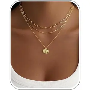 Layered Gold Necklace for Women, 14K Gold Plated Necklace Stack for Women, Dainty Adjustable Gold Necklace Set