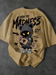 Boys' Vintage Loose Streetwear T-Shirt, Retro Skateboard & Hip-Hop Pattern, Cartoon Bear Design, Summer Casual Round Neck Short Sleeve Shirt