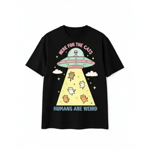 Funny Cat Shirt Here For The Cats Humans Are Weird Vintage Cartoon Tee Alien UFO Cat Lover Gift Retro Pastel Graphic Unisex T Shirt Menswear Top
