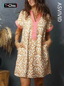 Women's Casual Everyday Western Fashion Print Striped Geometric Colorblock Patchwork Mini Dress, Short Sleeve Pockets Design, Fashionable Summer Wear
