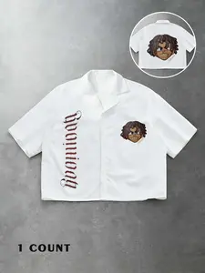 Hiphop Cartoon Head Graphic Print Short Sleeve Shirt, Loose Fit Cuban Collar Button Down Top, Casual Streetwear Fashion